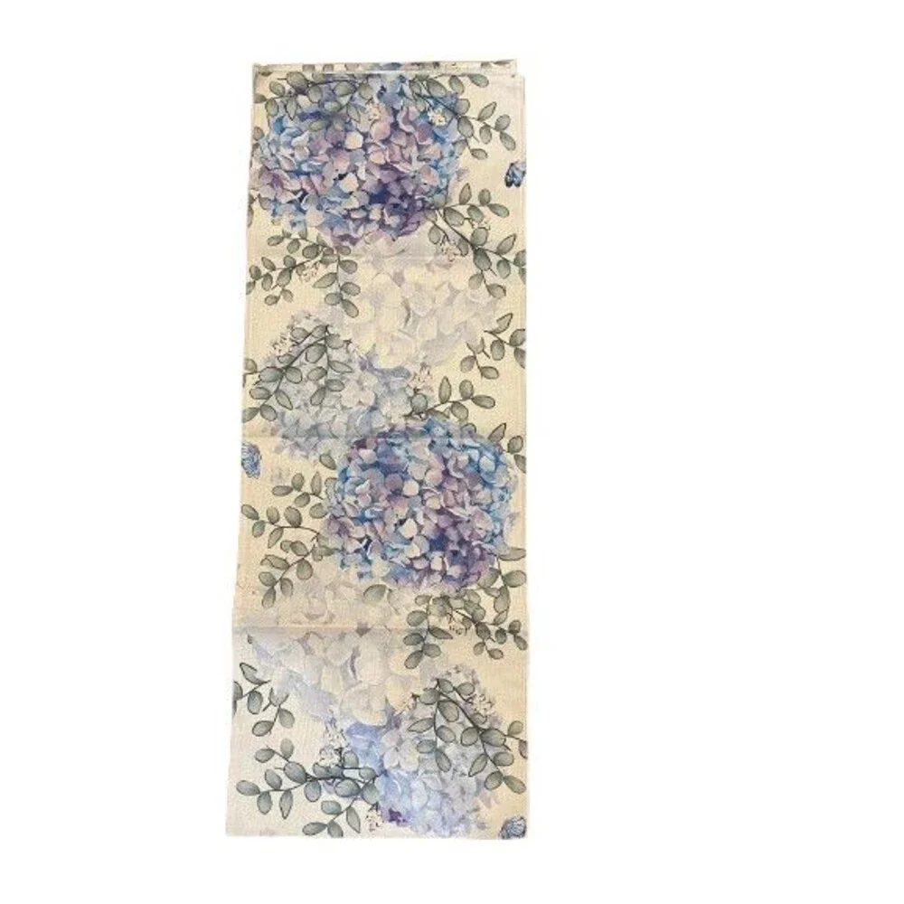 Table Runner 13x72in Woven Polyester Blue Hydrangea Eucalyptus stems Floral